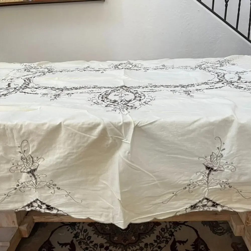 Vintage Ivory Linen Tablecloth 78” X 61” Floral Cutwork Madeira Embroidery